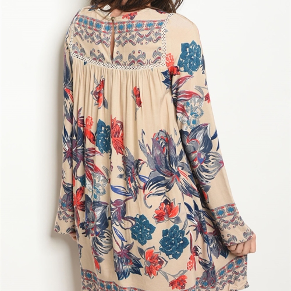 BOHO TAUPE FLORAL PRINT DRESS - Picture 5 of 6